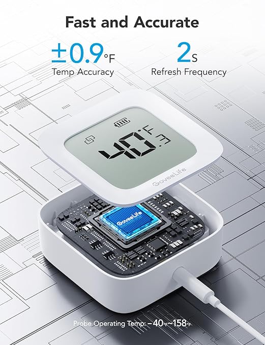 GoveeLife WiFi Refrigerator Thermometer with Alarm, Wireless Digital Freezer Temperature Gauge with App Control, LCD Display, 2 Years Free Data Export, for Fridge Hot Tub (Only Support 2.4G WiFi)