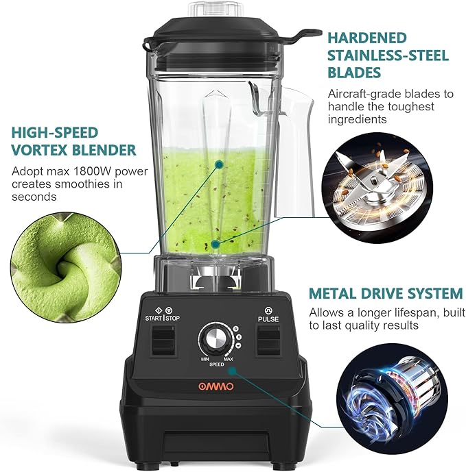 OMMO Blender 1800W, Professional High Speed Countertop Blender with Durable Stainless Steel Blades, 60oz BPA Free Blender for Shakes and Smoothies, Nuts, Ice and Fruits, Dishwasher Safe