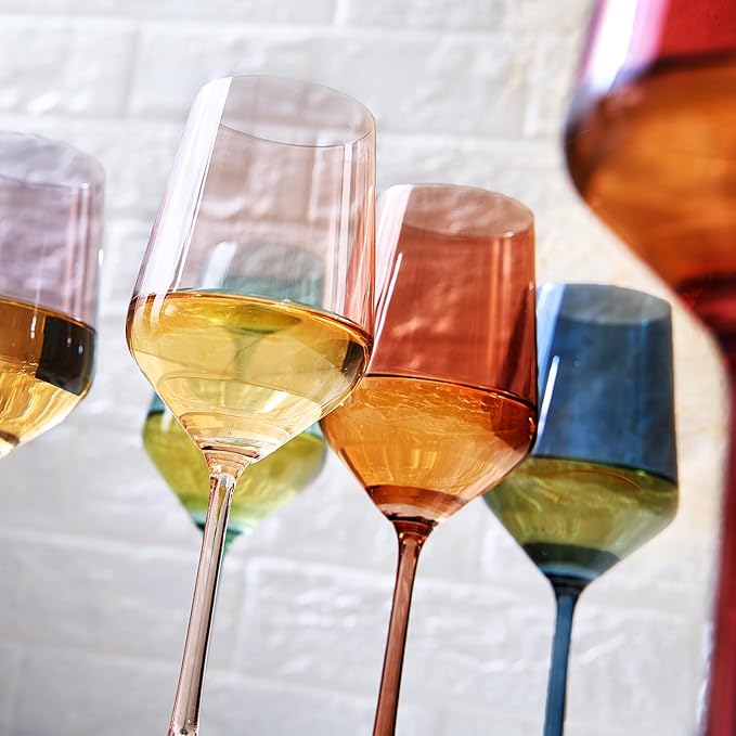 Colored Crystal Wine Glasses - Water & Wine 12oz | Set of 6 | Cute Pastel Muted Crystal Cocktail Glassware, Unique Gift Wife, Her, Mom, Friend Goblet Cocktails, Red & White Tall Stemmed Drinkware
