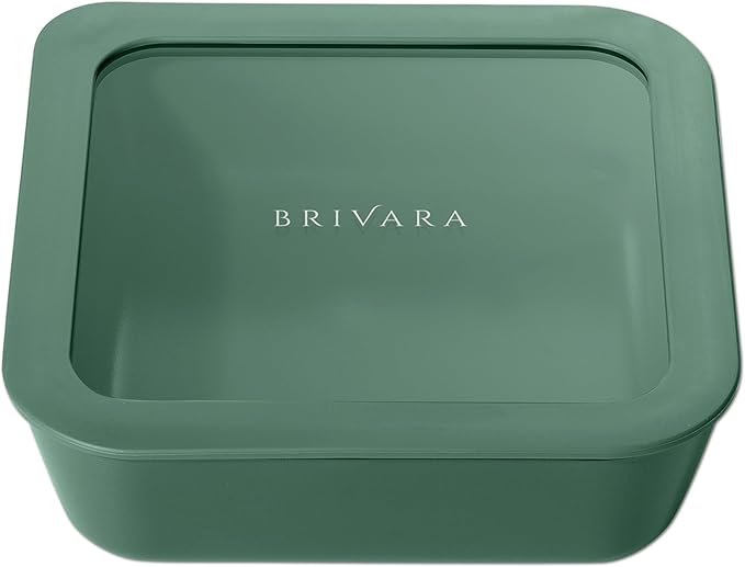 Ceramic Coated Glass Food Storage Container | No PTFE, PFOA, PFAS, and BPA | Reusable Non Toxic Meal Prep Container with Glass Lid | Easy To Store | 5 Cup Square [Pine]