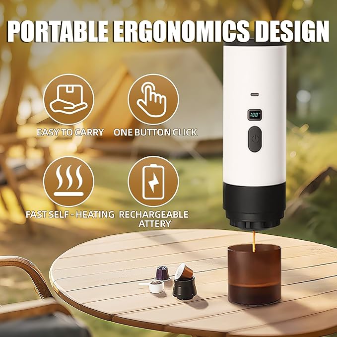 Portable Coffee Maker Espresso Machine with 7800mAh Battery & Digital Display, Self-Heating Travel Coffee Maker for Camping, Car, USB-C Compatible with Ground Coffee & NS Capsules RV Hiking Office