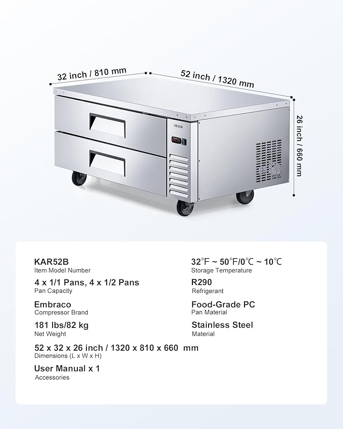 VEVOR Chef Base Refrigerator, 52" W Commercial Chef Bases Worktop Refrigerators, 2-Drawer Under Counter Fridge with 8 Pans Stainless Steel, Heavy-Duty Refrigerated Base, Invisible Door Handle