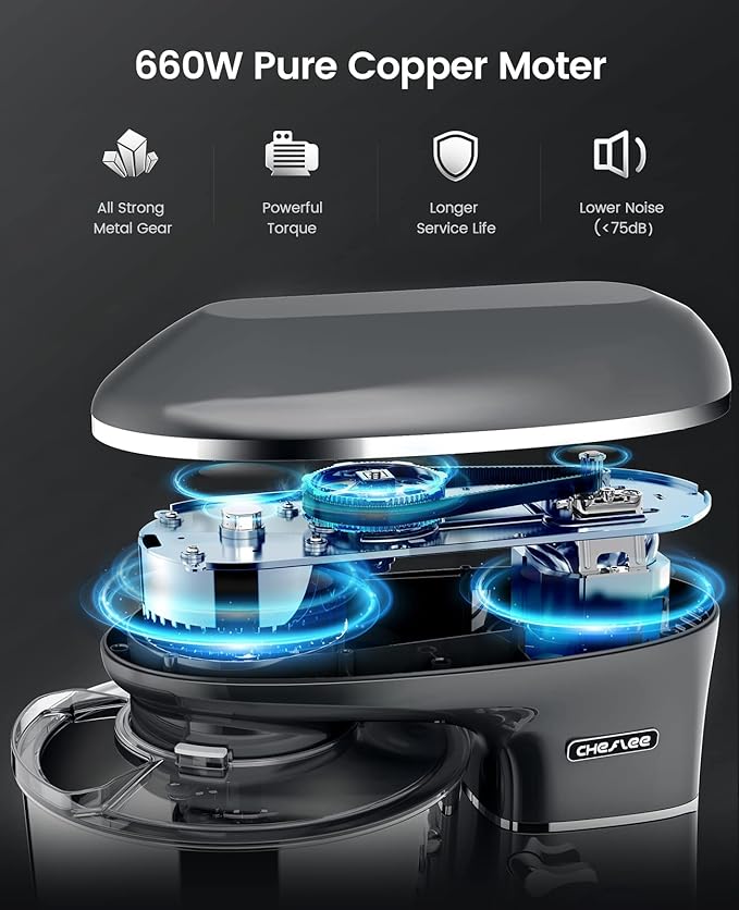 CHeflee Stand Mixer, 6.5 Quart Electric Mixer 6+P Speed 660W Tilt-Head Kitchen Food Mixers with Dough Hook, Mixing Beater, Whisk, & Splash Guard for Baking, Cake, Cookie, Kneading,Grey