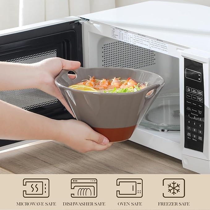 MALACASA 42 oz Ceramic Ramen Bowl Set with Wooden Spoon & Chopsticks, Japanese Style Soup Bowls for Ramen, Pho, Noodles – Set of 2, Microwave & Dishwasher Safe, Series TARA (Brown and Khaki)