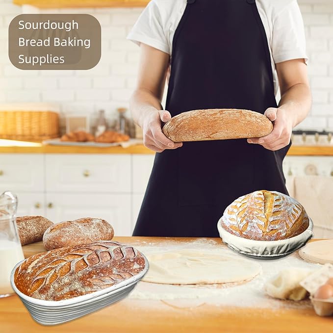 4 Color Complete sourdough bread makin Starter Kit,Sourdough Bread Baking Supplies for Beginner with Pot, Banneton Bread Proofing Baskets, Starter Jar, Scraper, Bread Making Tools & More (Red)