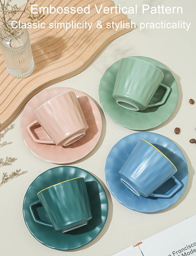 Tea Cups and Saucers, 7.5 OZ Large Espresso Cups Set of 4, Porcelain Coffee Mug and Saucer, Dishwasher & Microwave Safe for Cappuccino, Latte, Mocha, Tea Party, Birthday Gift