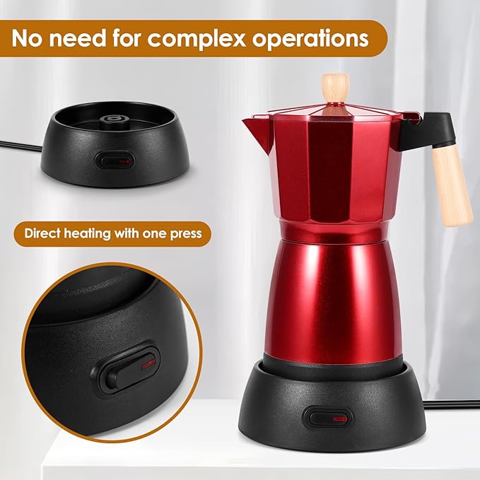 AOZBZ Moka Pot Electric Espresso Coffe Maker, 300ml 6 Cups Portable Coffee Pot with Overheat Protection and Detachable Base, Electric Espresso Maker, 450W, Red