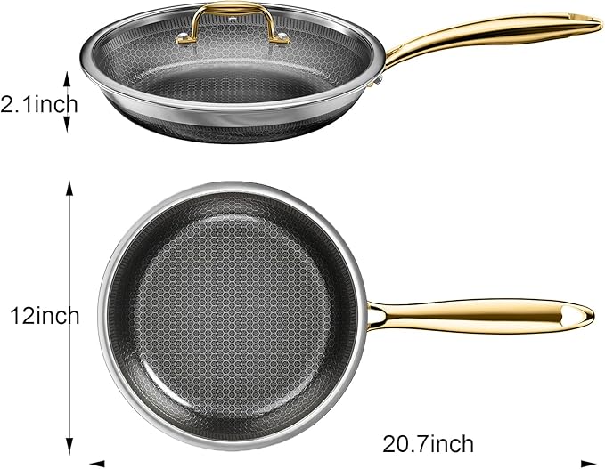 Fogdream 12” Pots and Pans Set Non Stick, Stainless Steel Pan with Lid, Dishwasher and Oven-Safe Frying Pan, PFOA Free and Induction Compatible Cookware Set, Gold