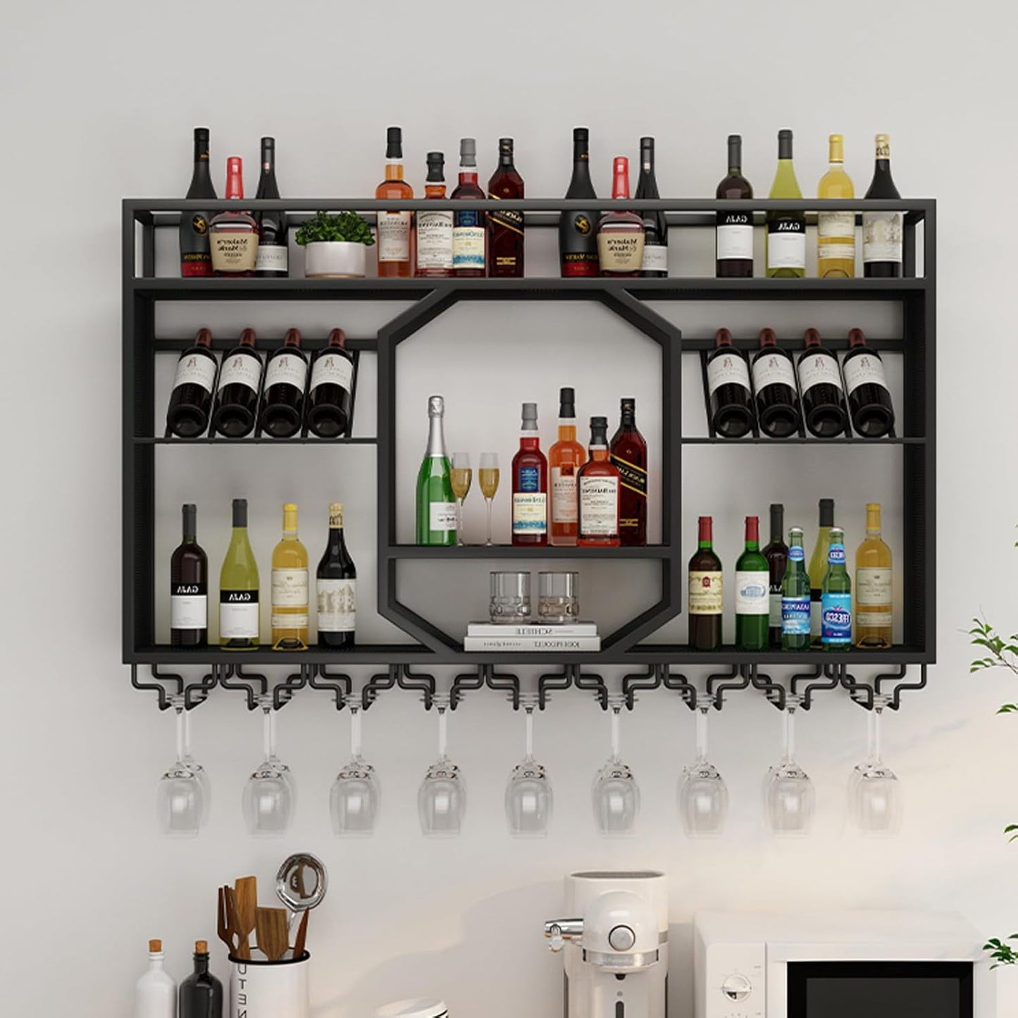 Wall Mounted Wine Rack, 3-Tiers Metal Bar Bottle Holder, Modern Wine Glass Storage Display Shelves, Wall Wine Rack for Kitchen Bar Dining Rooms Decoration ﻿ (Black, 55.11in/140cm)