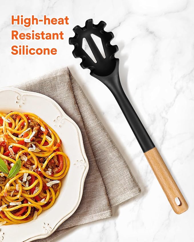 Silicone Pasta Fork, Kitchen Heat Resistant Noodle Spoon Server, BPA Free Spaghetti Strainer,12.8 inch