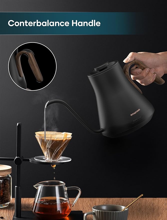 Electric Kettles, INTASTING Gooseneck Electric Kettle, ±1℉ Temperature Control, Stainless Steel Inner, Quick Heating, for Pour Over Coffee, Brew Tea, Boil Hot Water, 0.9L (Glossy Black)