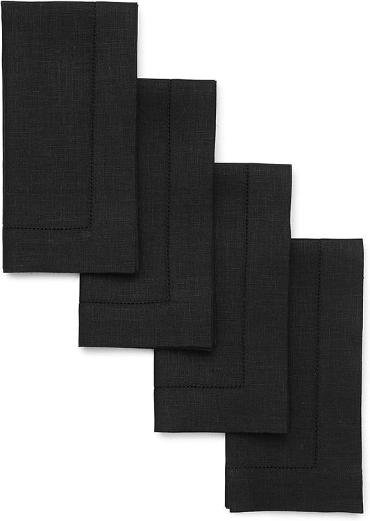 Solino Home Black Linen Napkins Set of 4-100% Pure Linen Hemstitch Dinner Napkins 20 x 20 Inch for Fall, Autumn, Winter, Thanksgiving, Christmas, Holiday - Classic Hemstitch