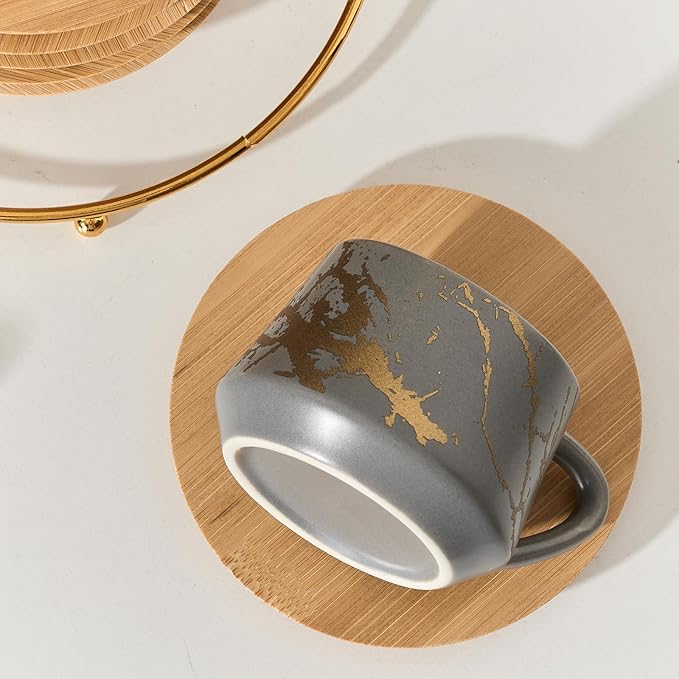 LUKA Ceramic Espresso Cups with Saucers and Metal Stand, Small 4 oz Porcelain Demitasse Cups Set of 6, Cute Cappuccino Coffee Cups for Double Espresso, Tea, Marbling Gray