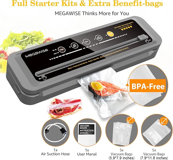 MegaWise Vacuum Sealer Machine | 80kPa Suction Power| Bags and Cutter Included & Vacuum Sealer Bags (8''x 12''-110pcs)