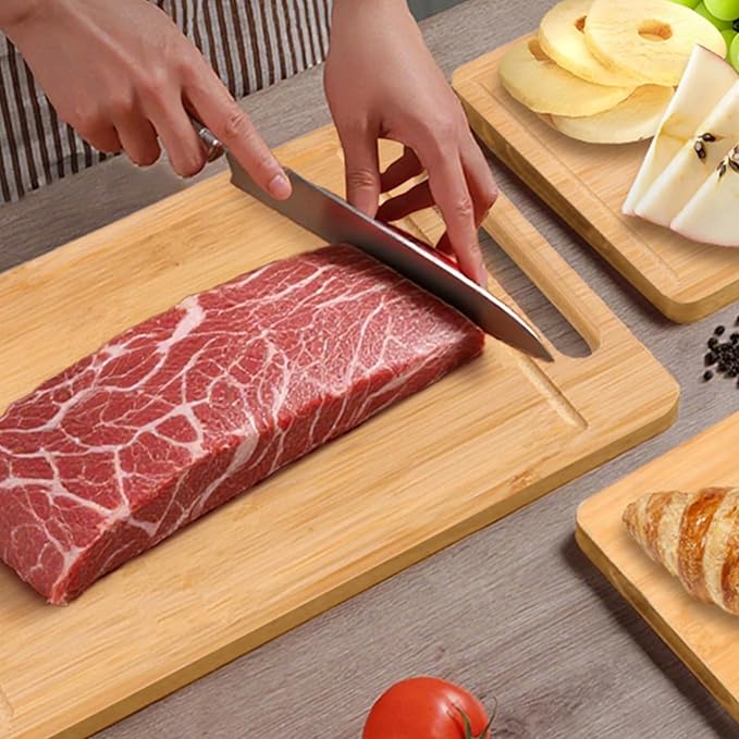 Bamboo Cutting Board Non-Toxic Durable Wooden Cutting Boards for Kitchen with single Sided Deep Juice Grooves Wide Handle Ideal Charcuterie Chopping Board for Meat Vegetables and Fruits【(S+M+L)】