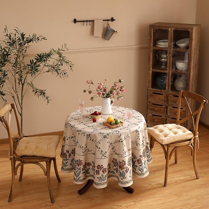 patdrea Designer Floral Linen Table Cloth Durable Breathable Tabletop Cover Dacorative Kitchen Dining Tablecloth for Round Tables for Kitchen Dining Parties,Holiday Christmas,Diameter 55"