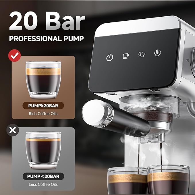 AMZCHEF Espresso Coffee Machine|20 Bar Pressure System|LED Touch Screen|Compact Design Perfect for Home & Office|41oz Water Tank