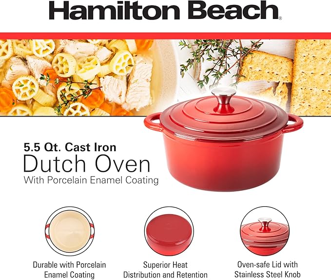Hamilton Beach Enameled Cast Iron Dutch Oven 5.5-Quart Red, Cream Enamel Dutch Oven Pot with Lid