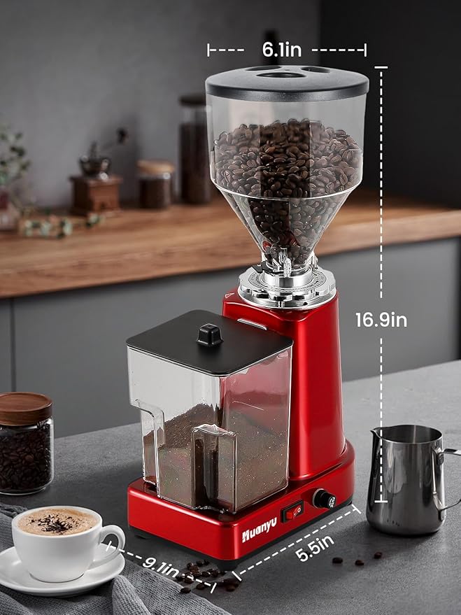 Huanyu Flat Burr Coffee Grinder with 19 Grinding Settings Bulk Electric Coffee Bean Grinder Adjustable Large Capacity 35oz Red