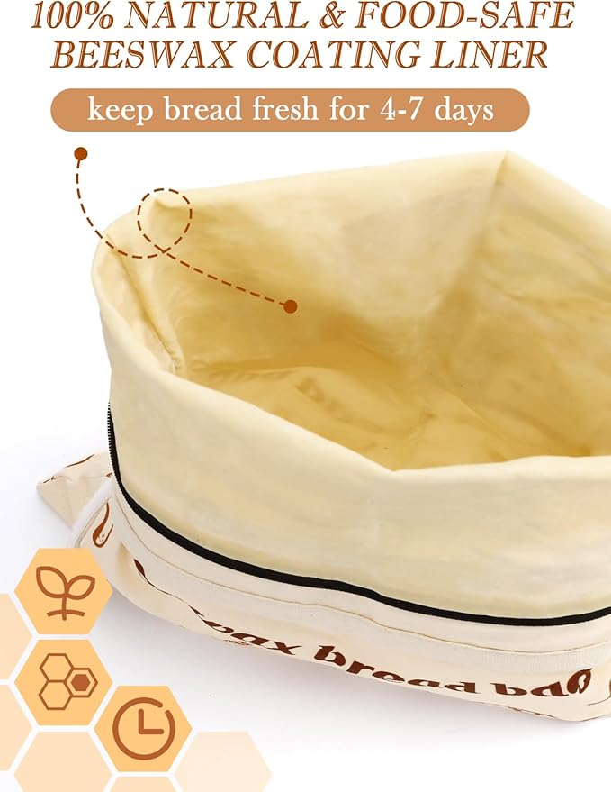 Natural Beeswax Bread Bags with Sealing Zipper - 13''x16.7'' Reusable Sourdough Storage Wraps for Homemade Bread, Keeping Food Fresh, Gifts for People Who Love Baking, Sliced Bread Pattern, 1 Pcs