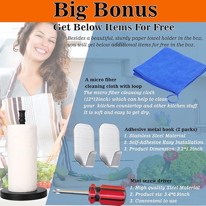 Black Paper Towel Holder Countertop, Stainless Steel Heavy Weighted Base (2LBS in Weight, and 6.7inch in Diameter), Ripping Paper Towel Off One-Handed, No Wobbly (Black Matte)