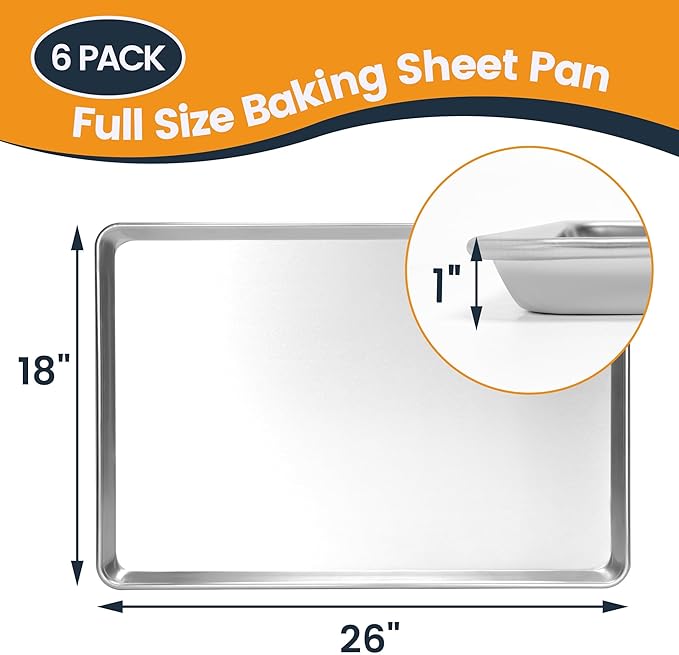 6 Pack Full Size Baking Sheet Pan, Aluminum Commercial Cookie Sheet Pan, Durable & Anti-Stick 26”x 18”