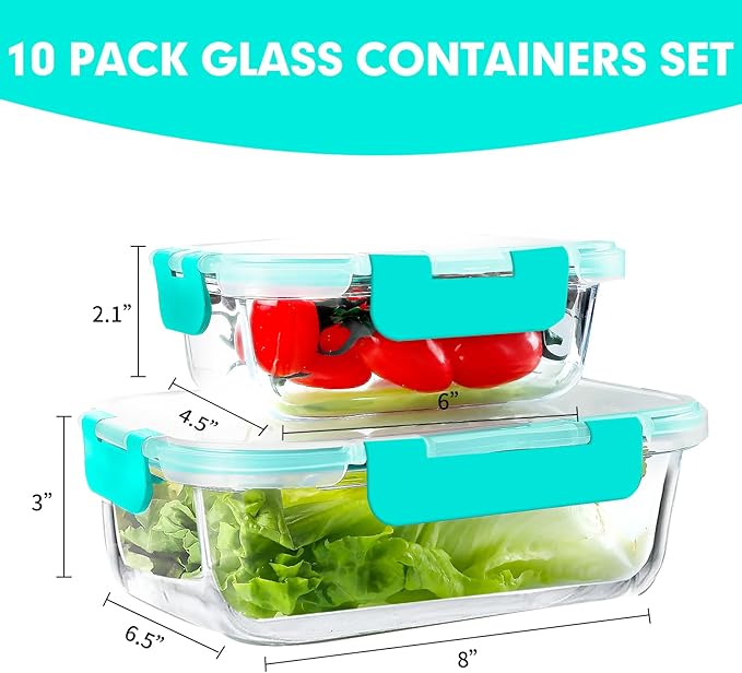VERONES 10Pack Glass Meal Prep Containers, Airtight Glass Lunch Containers,Stackable Glass Food Storage Containers Set with Lids,Exclusive of BPA, for Microwave,Oven, Freezer&Dishwasher Friendly,Green