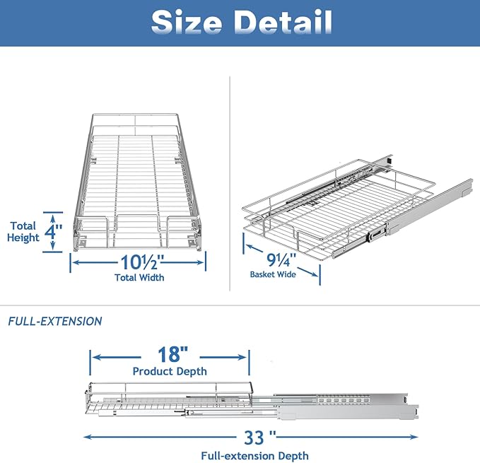 Pull Out Cabinet Organizer 10½" W x 18" D, Heavy Duty Cabinet Pull Out Shelves, Slide Out Drawers Organization for Kitchen Cabinets Bathroom