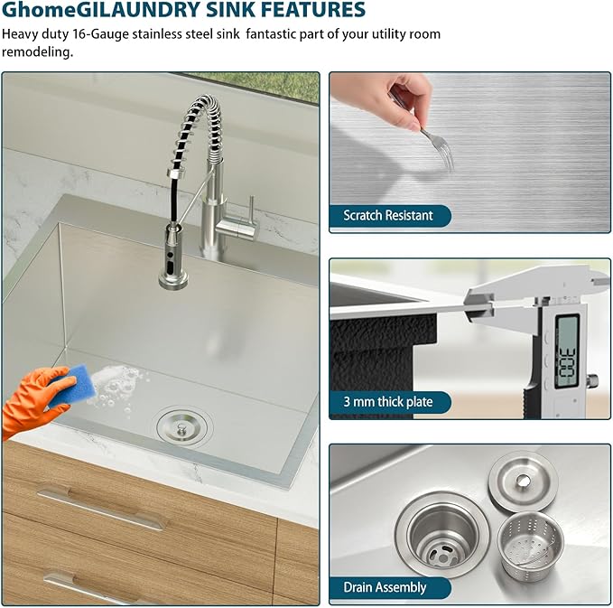 22 Inch Deep Drop In Laundry Sink - Ghomeg 22x22x13 Inch Laundry Utility Sink Drop In Topmount Single Bowl 16 Gauge Stainless Steel Above Counter Kitchen Laundry Room Sinks