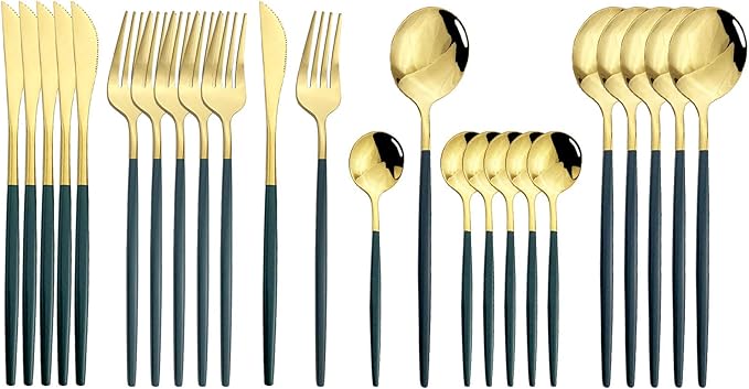 JASHII Flatware Serving Set 24 Piece, Stainless Steel Silverware Set, Green Gold Cutlery Set, Modern Elegant Tableware Set for Party, Christmas, Dinner (Green Gold)