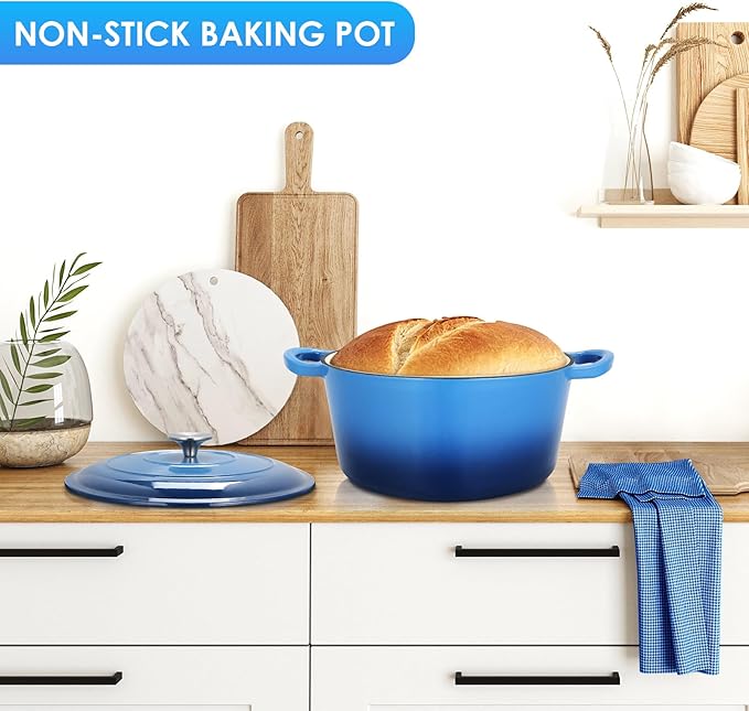 LIFERUN 6 Qt Enameled Cast Iron Dutch Oven Pot with Lid，Oven Safe up to 500° F, Heavy-Duty Non-Stick Dutch Oven with Dual Handles for Bread Baking, Fry Foods, Braising, Stews, Roasting (Blue)