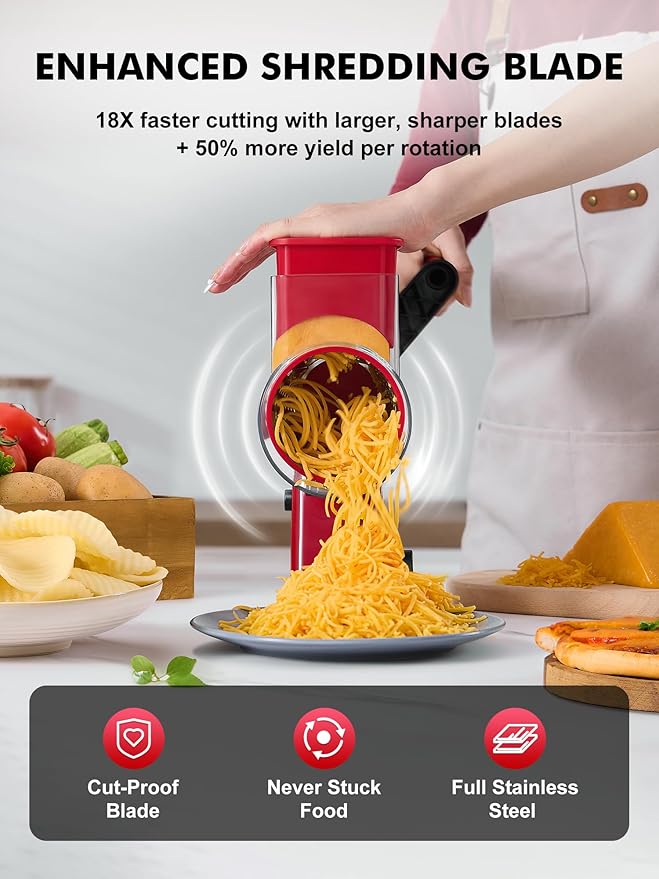 GDL Rotary Cheese Grater Hand Crank - Upgraded Cheese Shredder with 4 Interchangeable Blades, Rotary Grater with Non-slip Suction Base, Easy to Clean Kitchen Grater Slicer Grinder for Vegetable Nuts