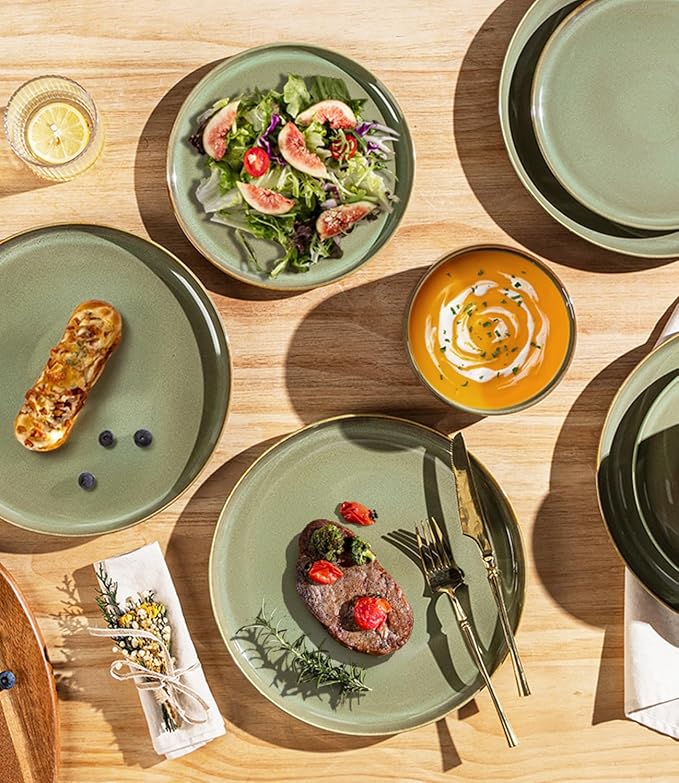 TheTerra Ceramic Dinnerware Sets for 6, 18 Pieces Porcelain Lightweight Plates and Bowls Sets, Scratch Resistant Dish Set, Oven & Microwave & Dishwasher Safe, Brown Green