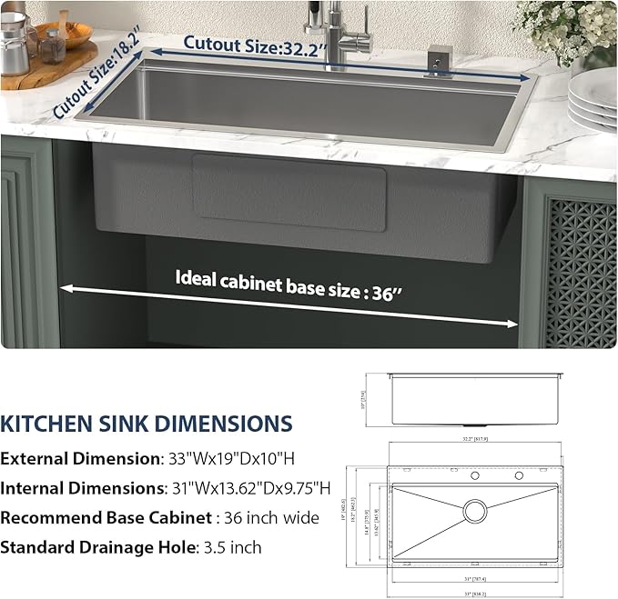 Lordear 33 Drop In Kitchen Sinks Worktation - 33x19 Drop Kitchen Sink 16 Gauge 304 Stainless Steel Single Bowl Over Counter Handmade Sink Basin With Built-in Accessories
