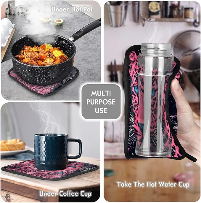Oven Mitts Pot Holders Set 3 for Kitchen, Leopard Insulation Oven Gloves Heat Resistant Pot Pads Cook Essentials Accessories for BBQ Baking Cooking Kitchen Decor Gifts for Women