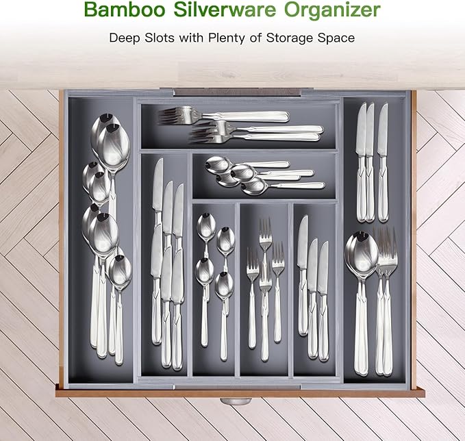 Pipishell Bamboo Expandable Drawer Organizer for Utensils Holder, Adjustable Cutlery Tray, Wood Drawer Dividers Organizer for Silverware, Flatware, Knives in Kitchen, Bedroom, Living Room(Grey)