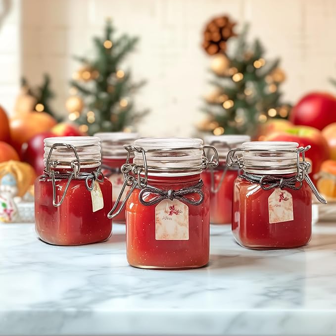 ComSaf 4 oz Glass Jars with Lid, Set of 12 Mini Airtight Glass Jars, Spice Jars, Small Mason Jar, Canning Jar Square with Seal Wire Clip Fastening, Labels & Funnels for Jam, Honey, Kitchen, Wedding