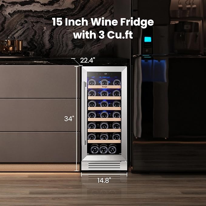 Yeego Wine Fridge - 15 inch 33 Bottles 40-65℉ Temperature Touch Control, Built-In/Under Counter/Freestanding Wine Cooler Refrigerator with Glass Door, Perfect for Bar, Home, Kitchen Cabinet, Office