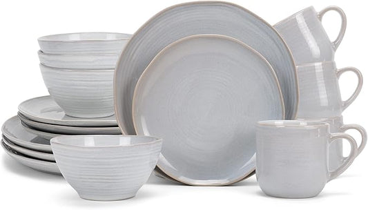 Elanze Designs Reactive Glaze Farmhouse Rustic Boho Ceramic Stoneware Dinnerware 16 Piece Plate Bowl Mug Dish Set - Service for 4, Pale Grey