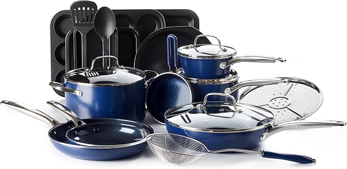 Blue Diamond 20 Piece Nonstick Cookware Set, Diamond Ceramic Pots & Pans, Dishwasher & Metal Utensil Safe, Non Toxic PFAS-Free, Kitchen Cooking Sauce & Saute Pans, Oven & Broiler to 600F, Blue