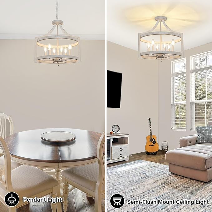 6-Light Farmhouse Chandelier, Distressed Hanging Pendant Lighting, Convertible Semi Flush Mount Ceiling Light Fixture Vintage White Metal Chandeliers for Dining Room Kitchen Foyer Entryway