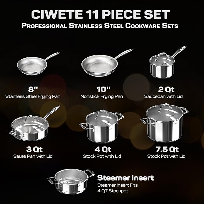 Tri-Ply Stainless Steel Pots and Pans Set 11-PC, 18/10 Stainless Steel Induction Cookware Set with Steamer Insert, Kitchen Cookware Sets with Stay Cool Ergonomic Handles, Dishwasher, Oven Safe