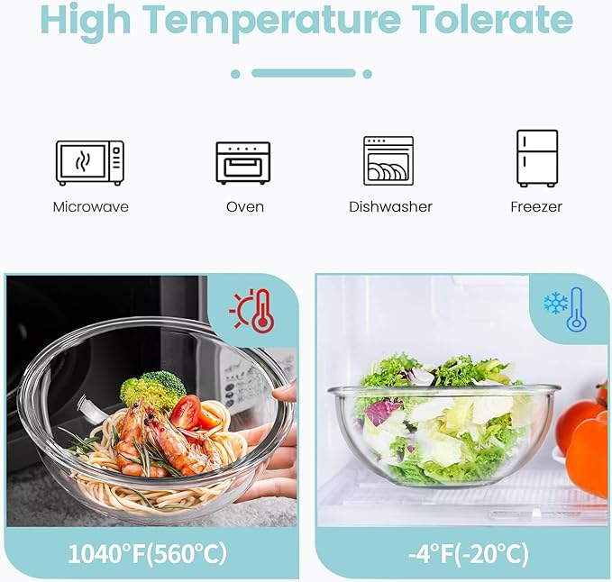 Luvan Borosilicate Clear Glass Mixing Bowls with Lids Set of 4 (0.53qt, 1.1qt, 2.1qt, 3.7qt), Space Saving Nesting Bowls Large Kitchen Salad Bowls for Meal Preping,Baking,Mixing,Dishwasher Safe