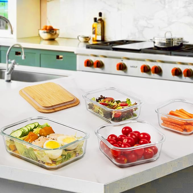 Vtopmart Glass Food Storage Containers with Bamboo Lids, 4 Pack Meal Prep Glass Containers Safe for Microwave, Oven, Freezer and Dishwasher, BPA Free