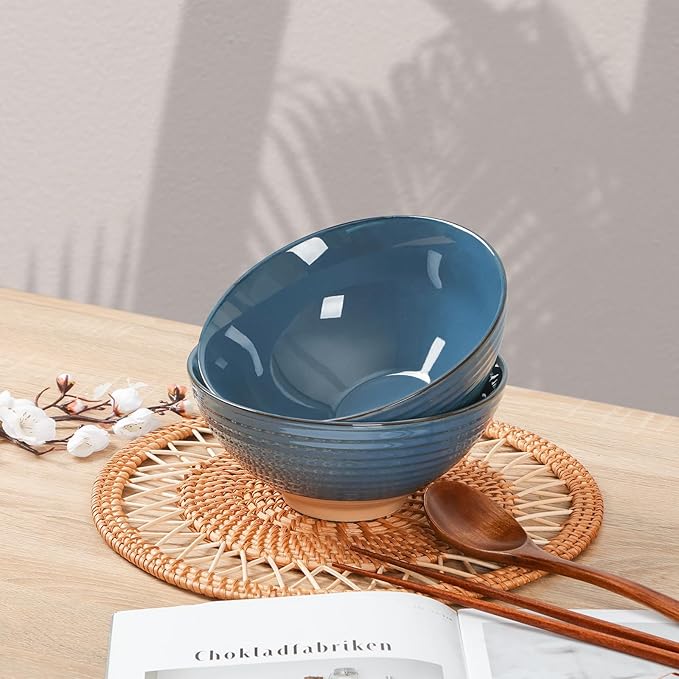 NUTRIUPS Set of 2 Ceramic Ramen Bowls with Spoons & Chopsticks, 40oz Large Soup Bowls for Udon, Miso, Noodles (Ocean & Earth)