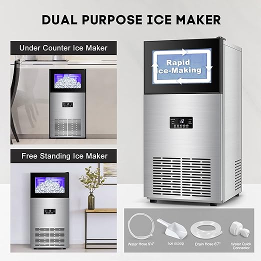 130LBS/24H Commercial Ice Maker Machine with 35LBS Capacity - Stainless Steel Undercounter/Freestanding Ice Cube Maker for Home Bar & Outdoor Use - Automatic Operation
