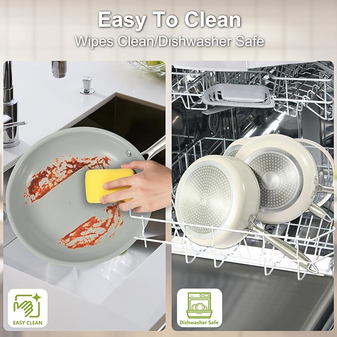 5PC Induction Cookware Set with Tempered Glass Lids, Ultra Nonstick Pots and Pans Set with Stainless Steel Handle, Oven Safe and Dishwasher Safe, Non Toxic & Ceramic Cooking Set, Cream White