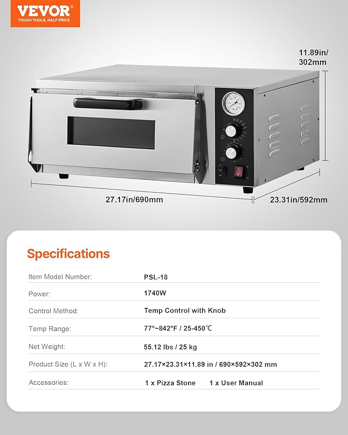 VEVOR Electric Pizza Oven, 18-Inch Commercial Pizza Ovens, 842°F Max Temp, 1740W Large Pizza Oven Countertop with Temp & Time Control, Built in Thermometer Indoor Pizza Maker for Restaurant Home Use