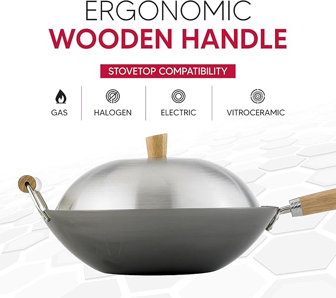 Helen's Asian Kitchen Wok Set - Wok Pan with Lid, 13.5 Inch Carbon Steel Wok - Nonstick Flat Bottom Wok for Stir Fry - Includes 4pc Accessories - Perfect for Gas, Electric, Induction Stovetops