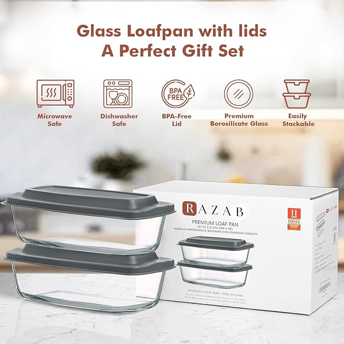 Razab LARGE 7.6 Cups/1800 ML/1.9 Qt Glass Loaf Pan with Lids (Set of 2) - Meatloaf Pan BPA free Airtight Lids Grip Handle Easy Carry, Microwave and Oven Safe - Loaf Pans For Baking Bread, Cakes
